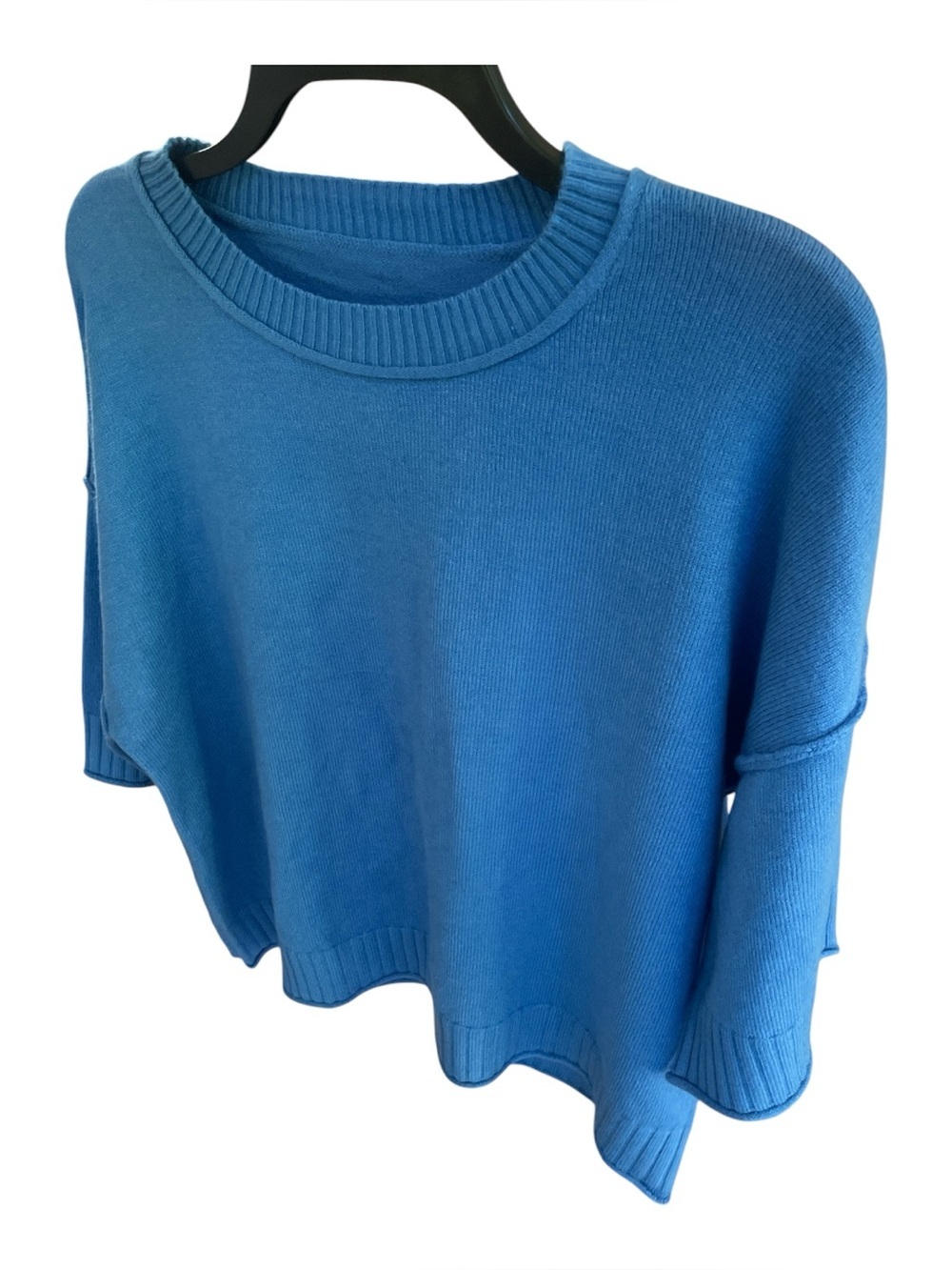 Blue Boxy Knit Sweater Cropped Drop Shoulder Crewneck Pullover Cozy S - Picture 3 of 4